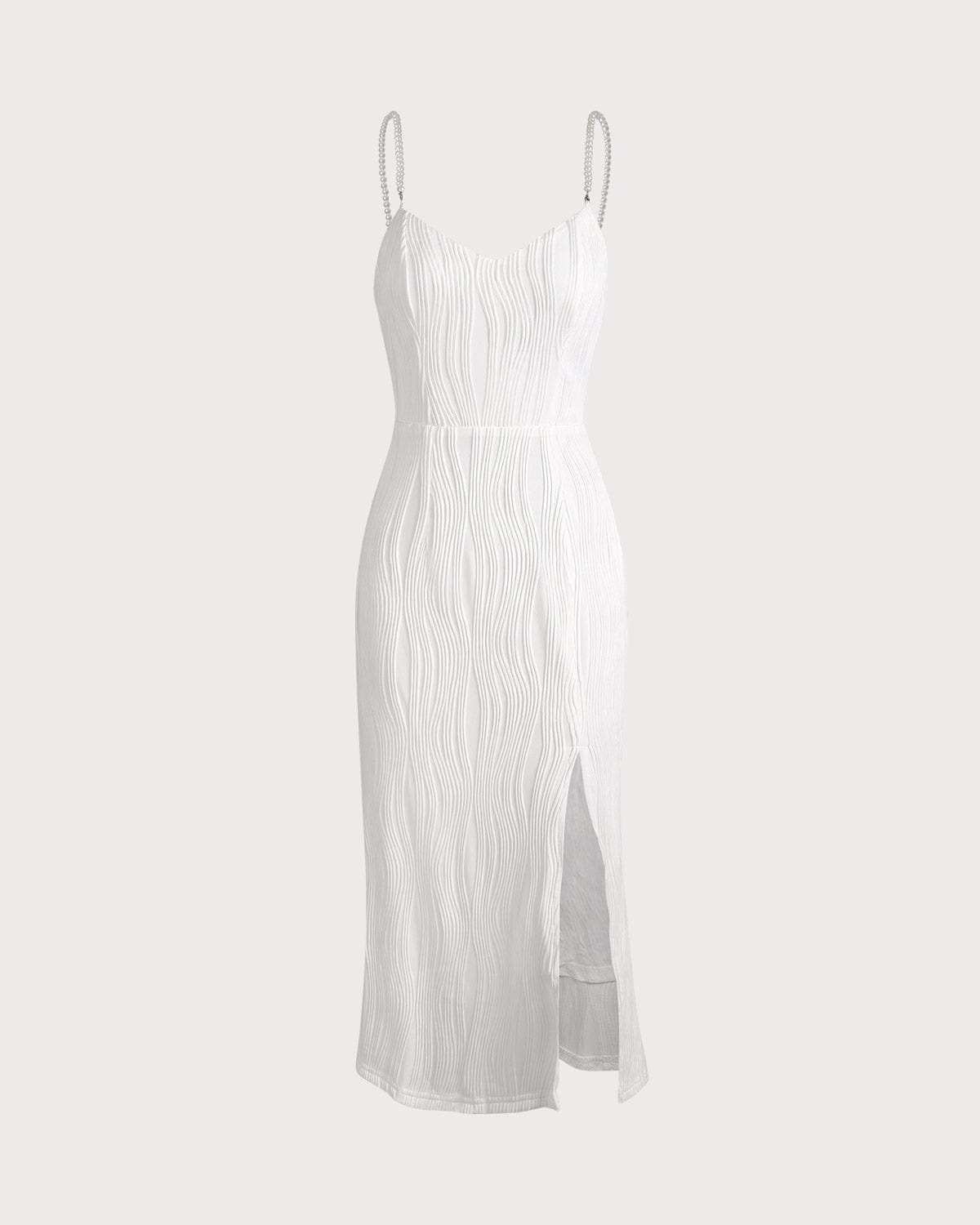 Wave-Texture Pearl-Strap Midi Dress