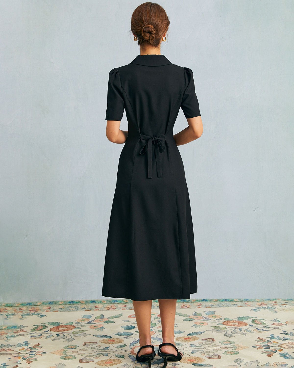 Black V-Neck Button Puff Sleeve Midi Dress