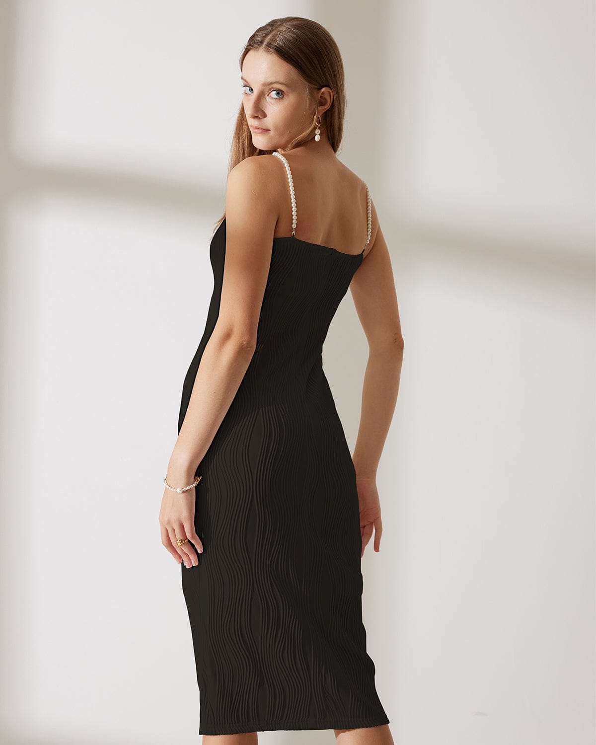 Black Wave-Texture Spaghetti Strap Dress