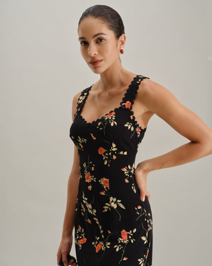 Black Floral Maxi Dress with Ruffles and Spaghetti Straps