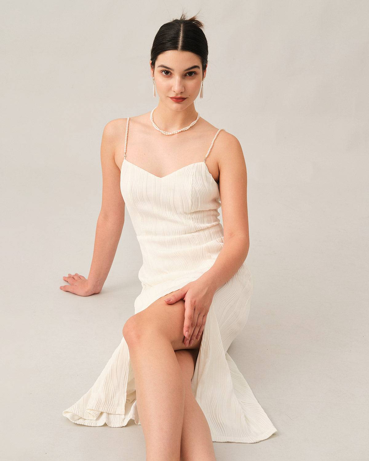 Wave-Texture Pearl-Strap Midi Dress