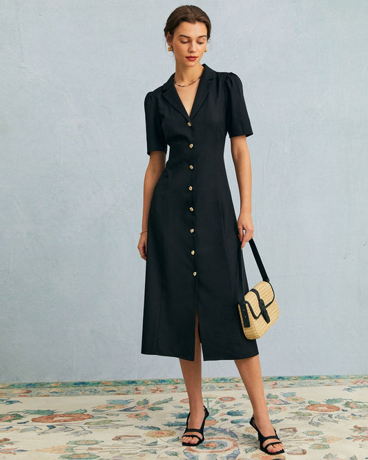 Black V-Neck Button Puff Sleeve Midi Dress