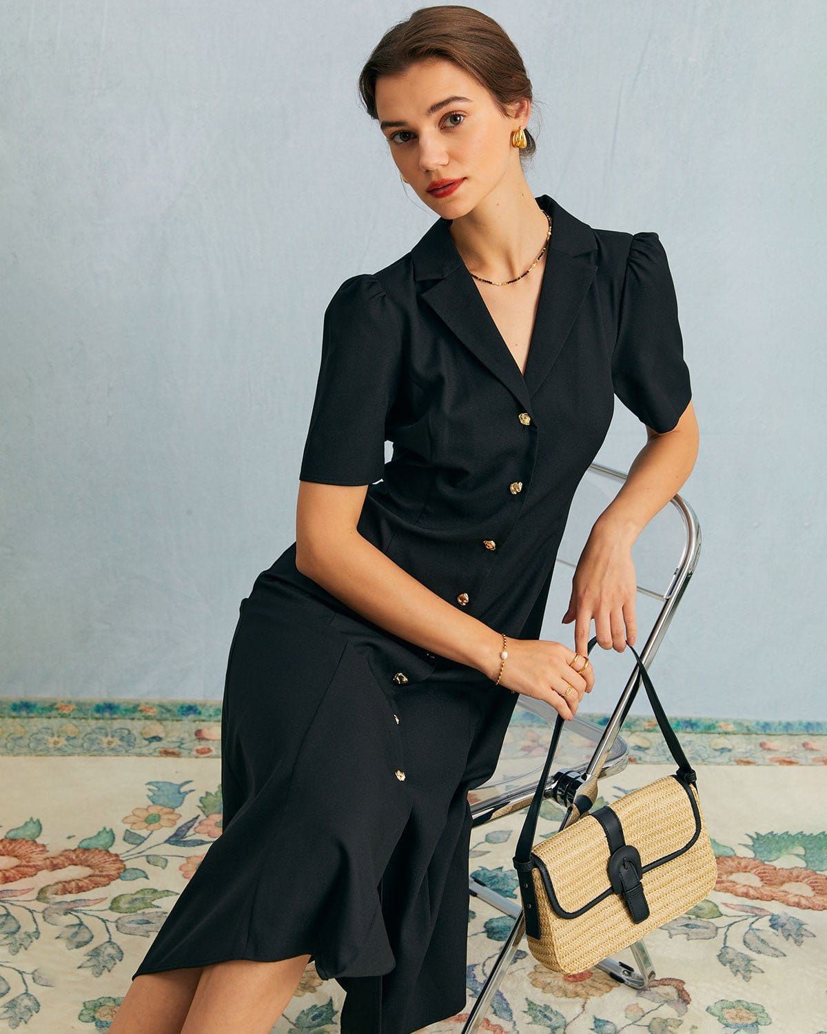 Black V-Neck Button Puff Sleeve Midi Dress