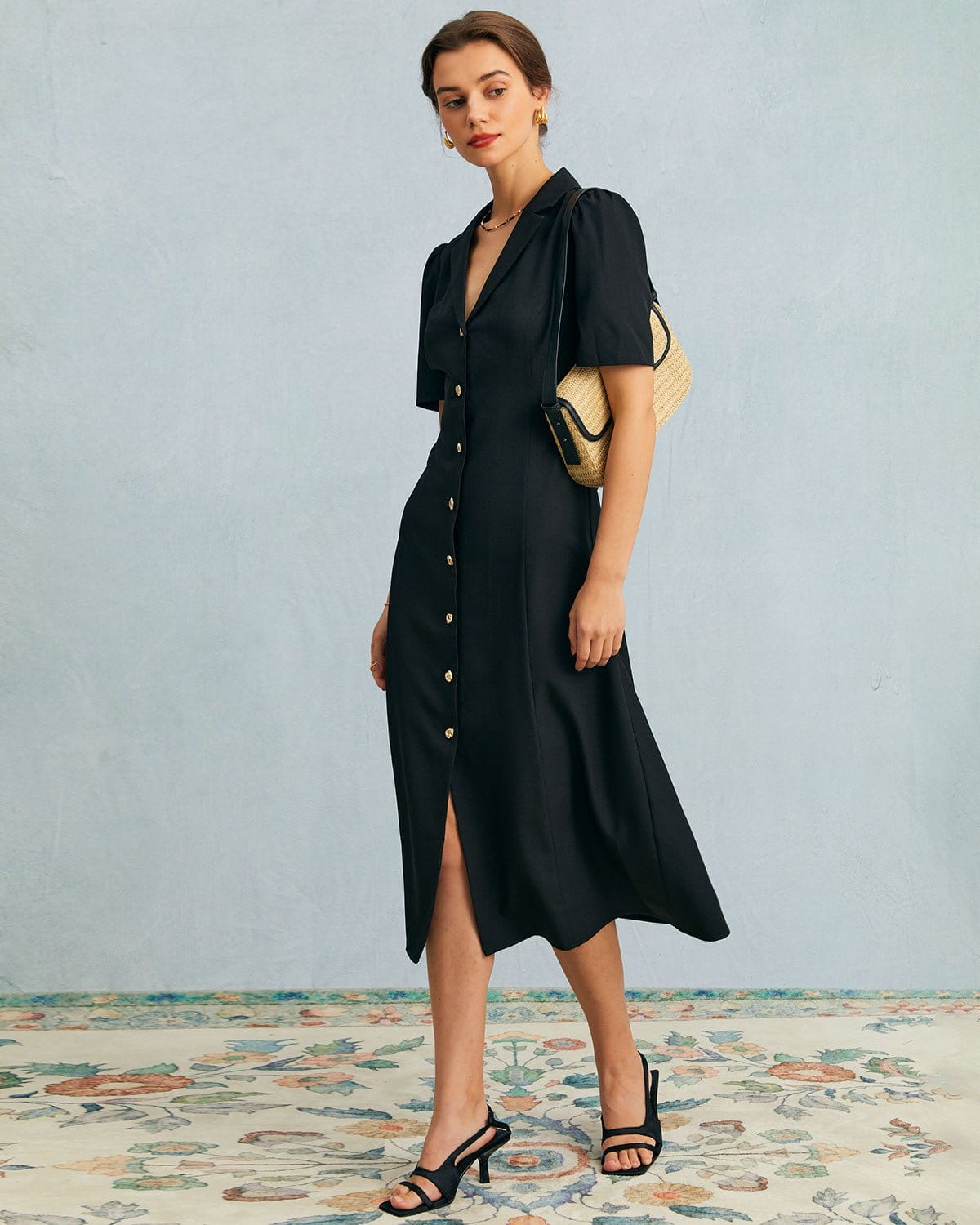 Black V-Neck Button Puff Sleeve Midi Dress